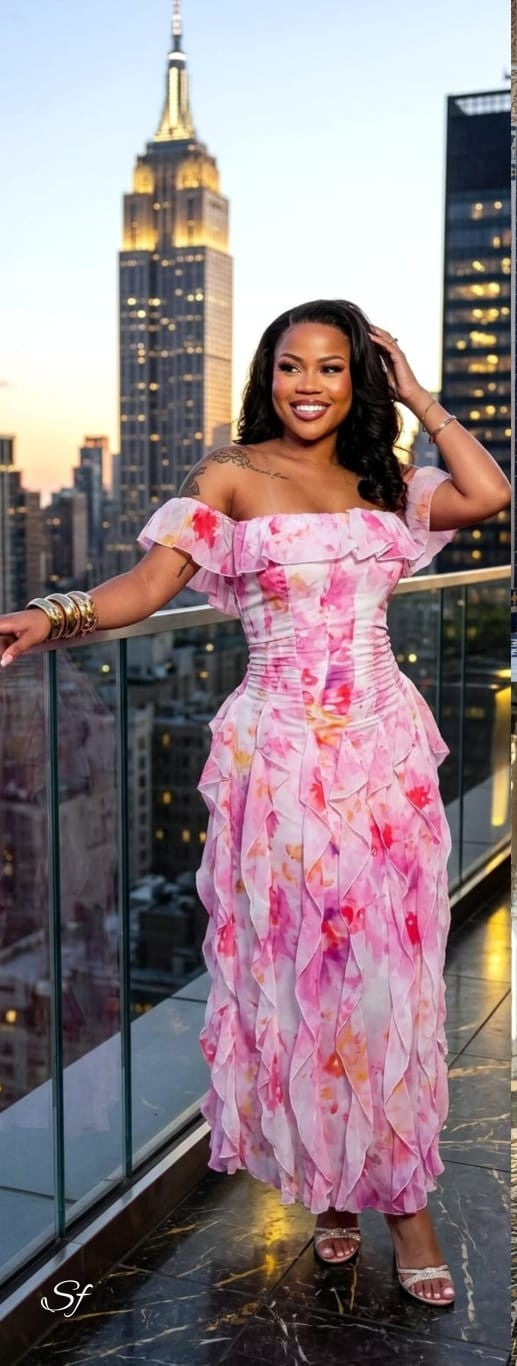 Pink Floral Ruffle Off-Shoulder Maxi Dress