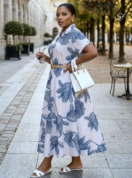 Blue Botanical Midi Shirt Dress