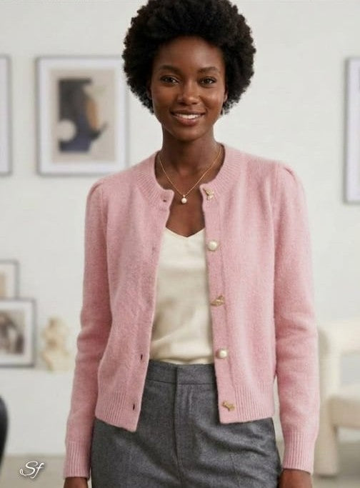 Pearl Button Puff Sleeve Cardigan