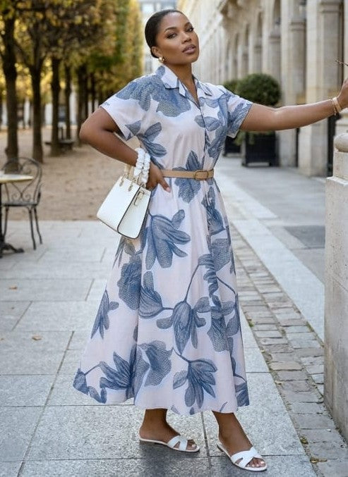 Blue Botanical Midi Shirt Dress