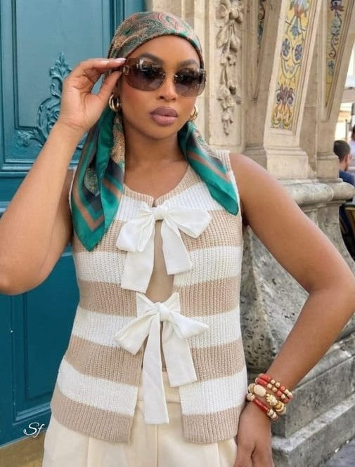 Striped Knit Bow-Tie Open Vest