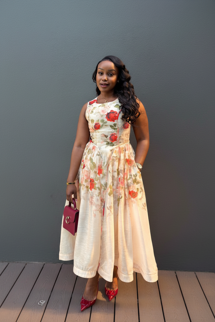 Ivory Red Rose Floral Midi Dress