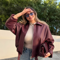 Oversized PU Leather Bomber Jacket in Burgundy - front view