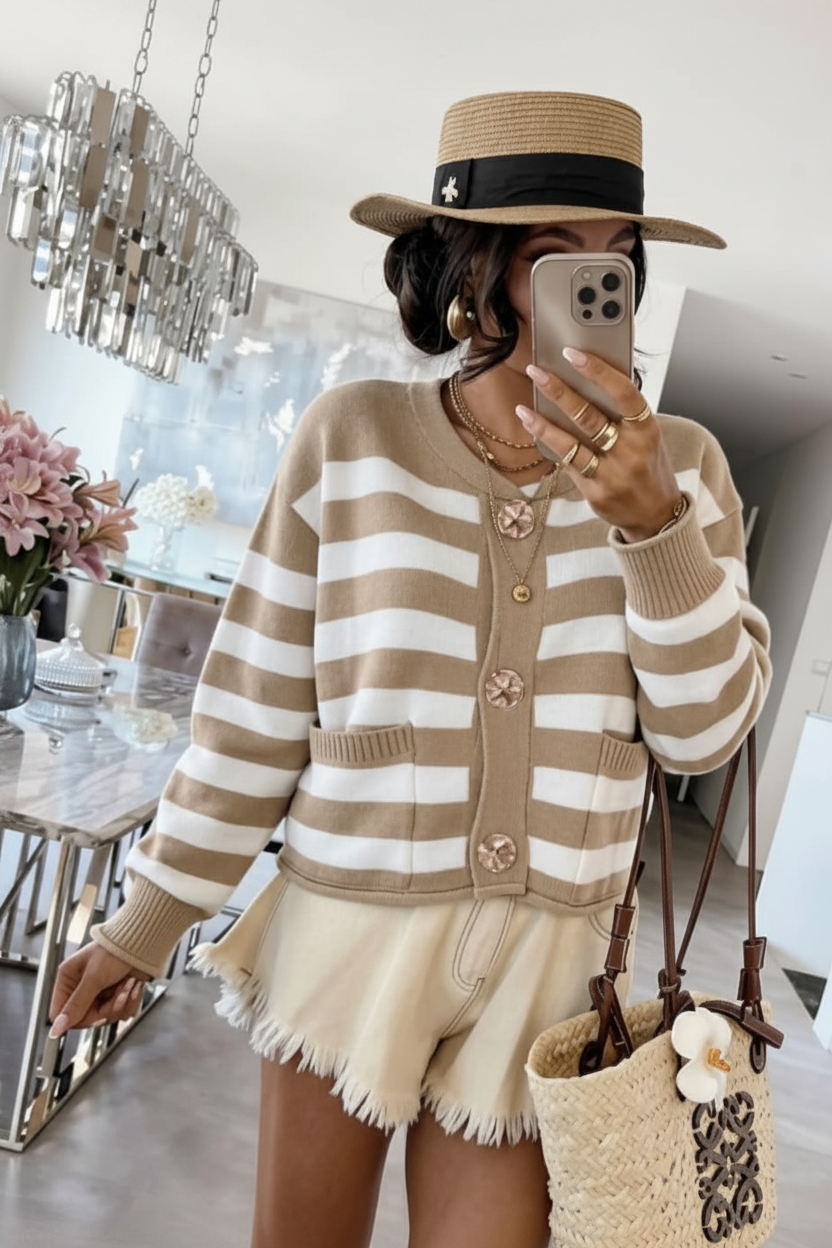 Gold Button Striped Cardigan in Beige and White