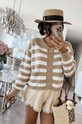 Gold Button Striped Cardigan in Beige and White