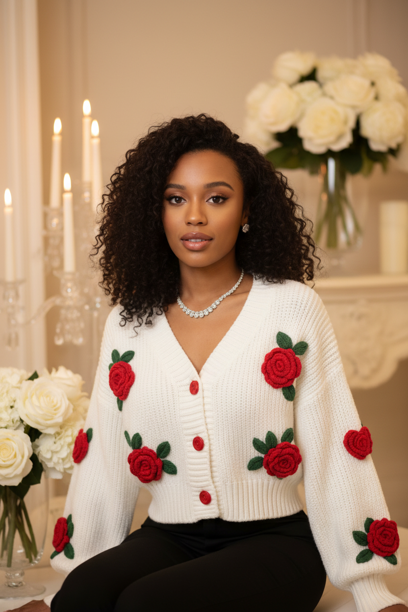 3D Rose Appliqué Cardigan in White with Red Roses