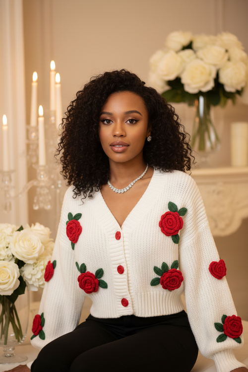 3D Rose Appliqué Cardigan in White with Red Roses