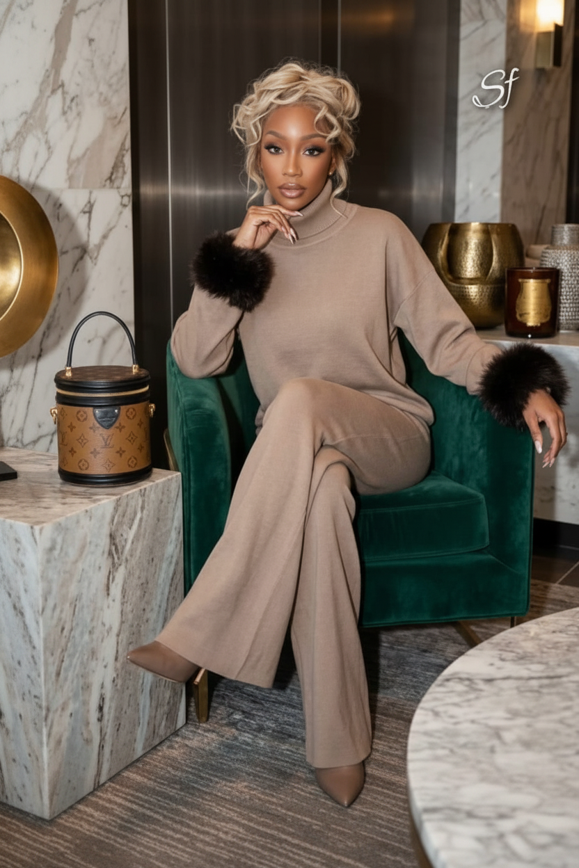 Faux Fur Cuff Turtleneck Co-ord Set in Camel