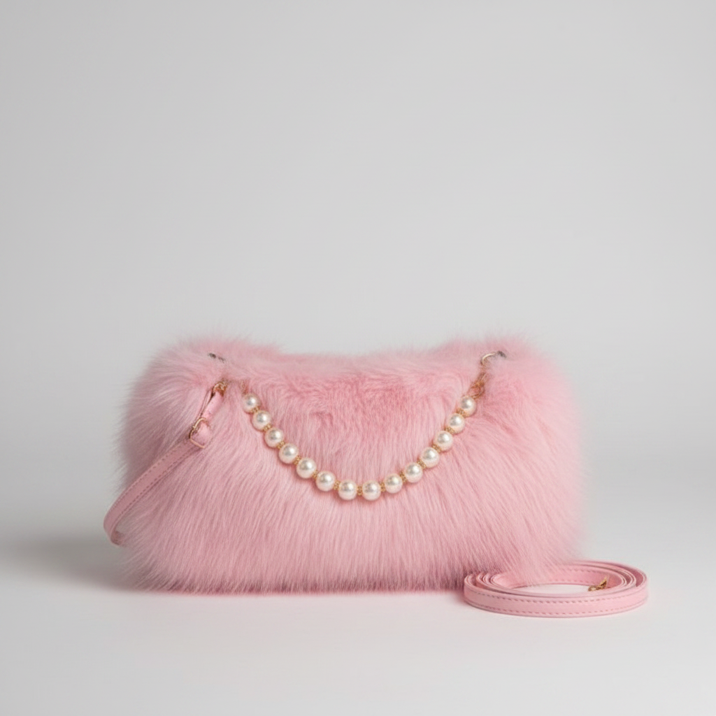 Fluffy Pearl Chain Shoulder Bag - Pink