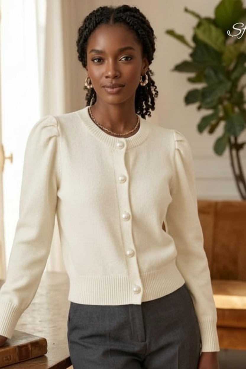 Pearl Button Puff Sleeve Cardigan - Cream