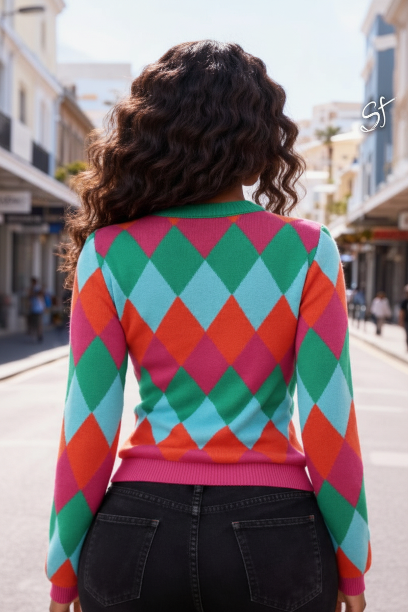 Multicolour Argyle Diamond Knit Sweater - back view