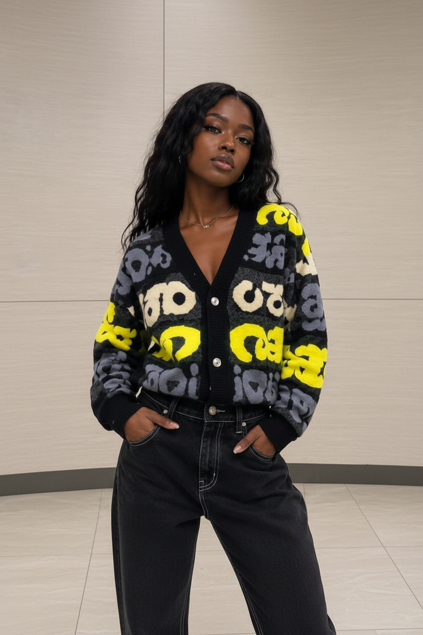 Bold Graphic Knit Cardigan in Black