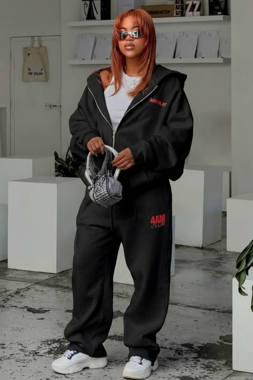Oversized Graphic Hoodie Sweatsuit Co-Ord Set in Black