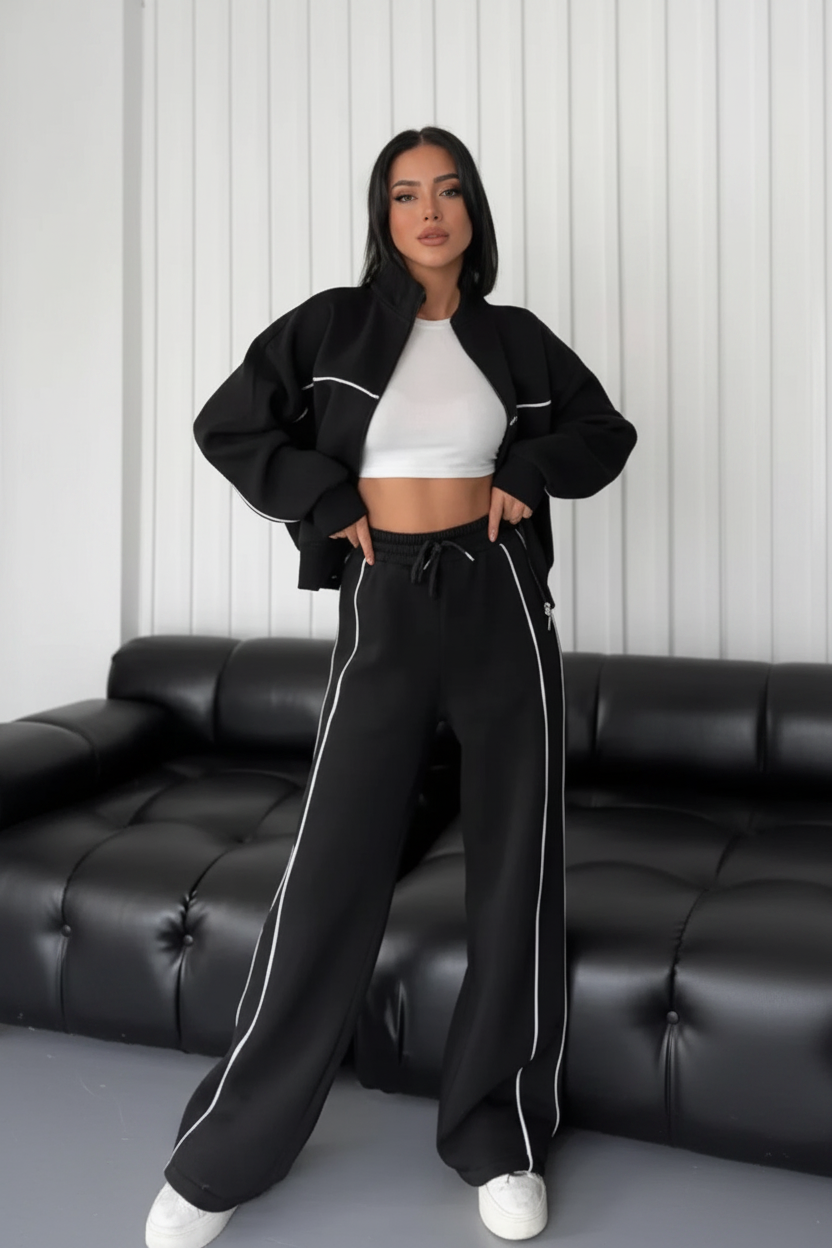Contrast Piping Tracksuit Co-Ord Set in Black