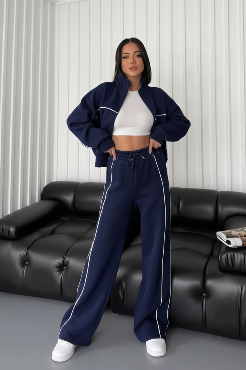 Contrast Piping Tracksuit Co-Ord Set in Navy Blue