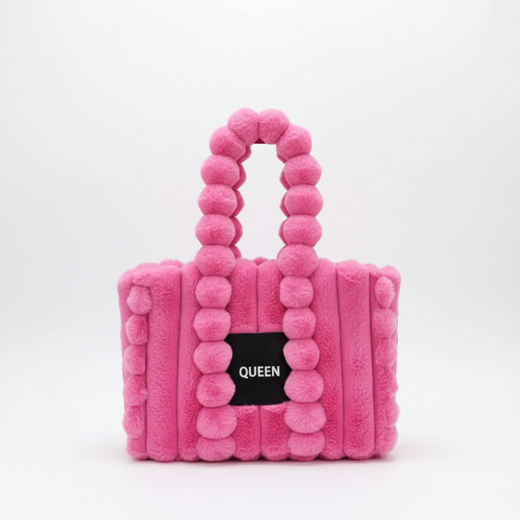 Queen Pom-Pom Faux Fur Tote Bag - Hot Pink