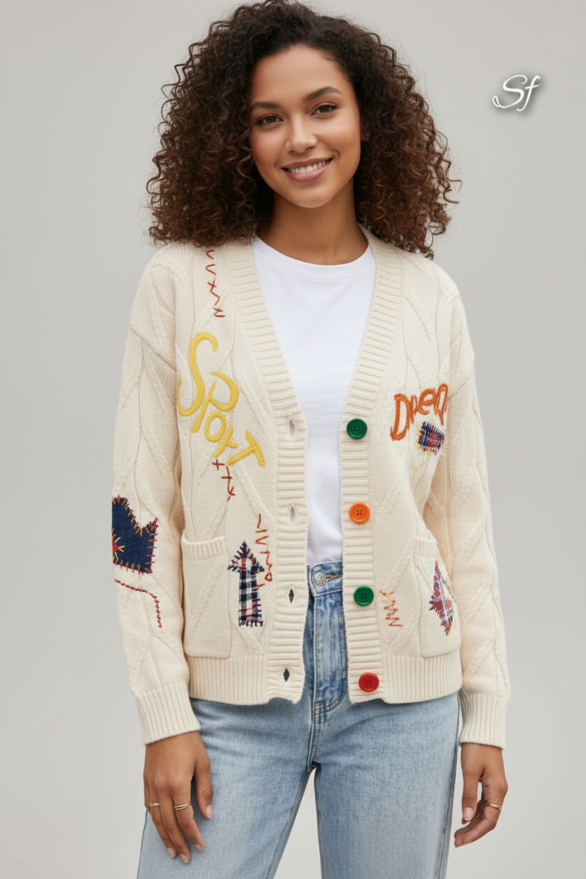 Sport & Dream Graffiti Cable Knit Cardigan in Cream