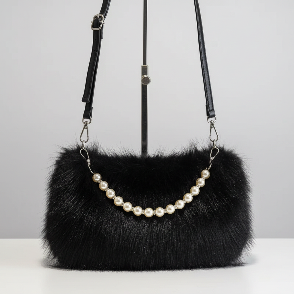 Fluffy Pearl Chain Shoulder Bag - Black (lifestyle)