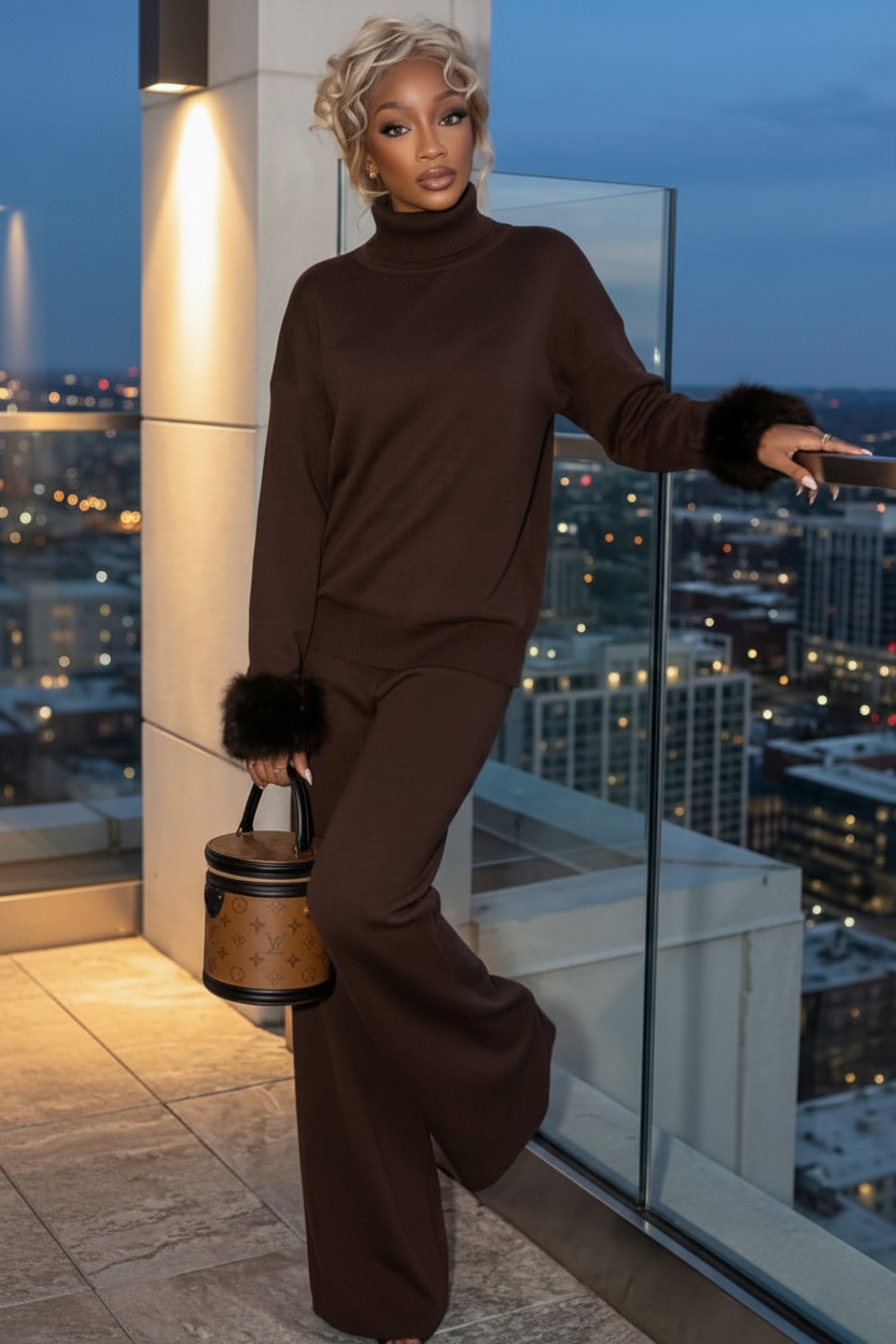 Faux Fur Cuff Turtleneck Co-ord Set in Chocolate Brown