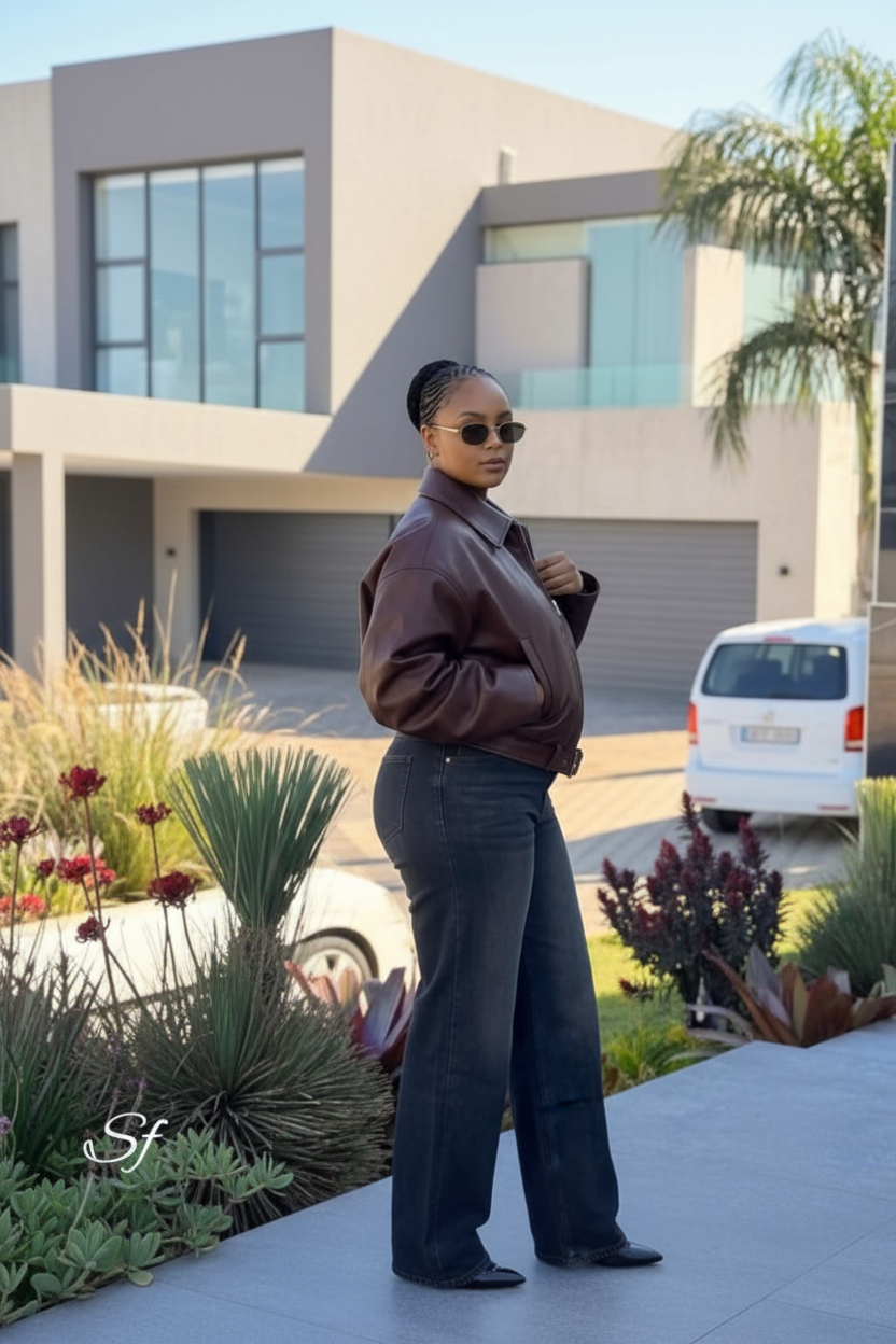 Oversized PU Leather Bomber Jacket in Chocolate Brown
