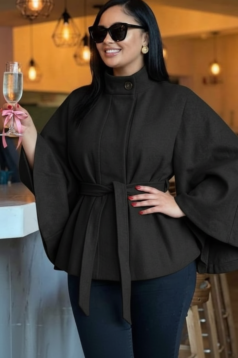 Cape Sleeve Belted Coat - Black Enhanced