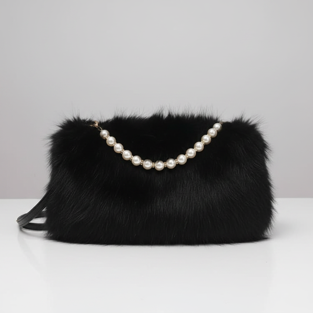 Fluffy Pearl Chain Shoulder Bag - Black