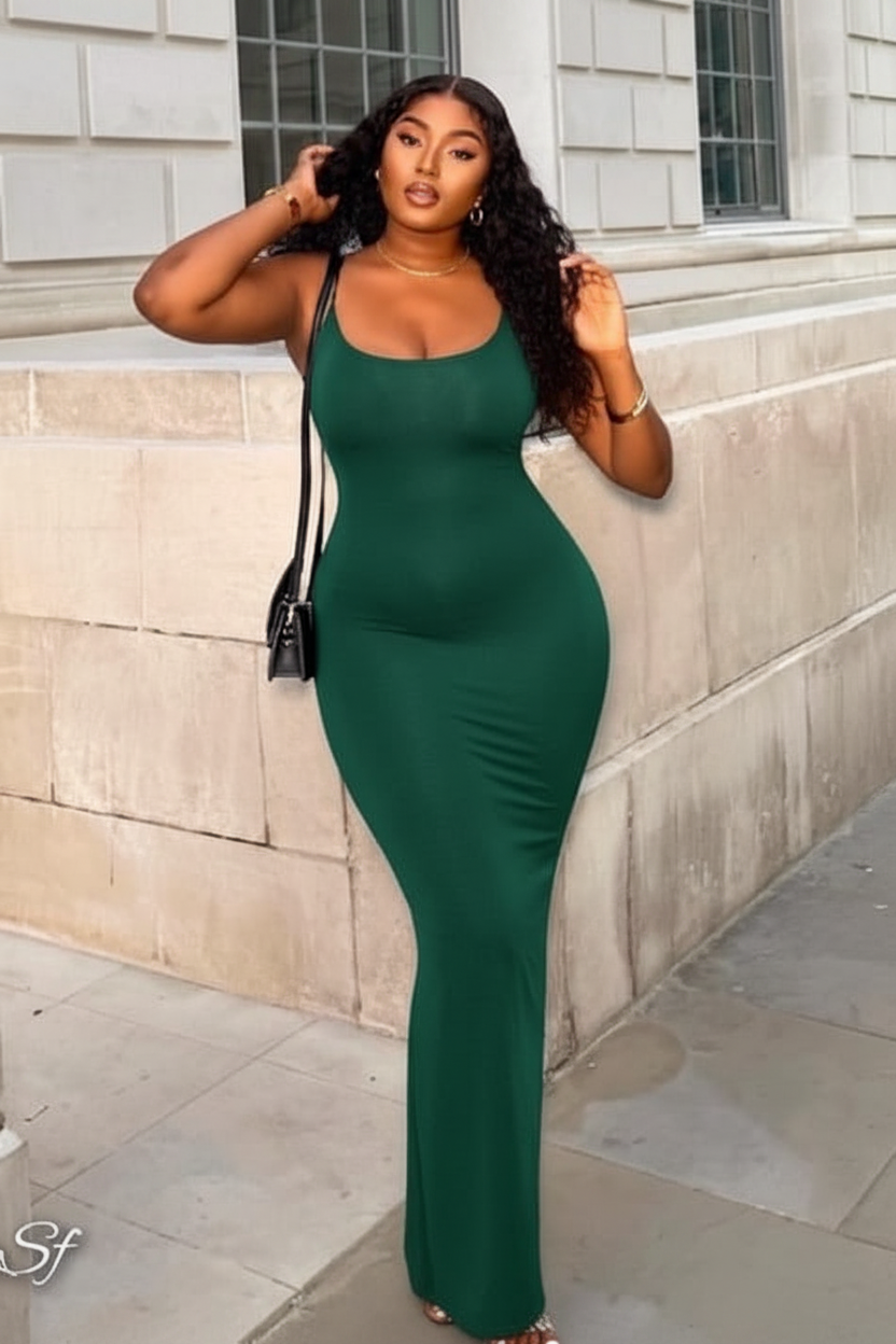 Scoop Neck Bodycon Maxi Dress in Emerald Green