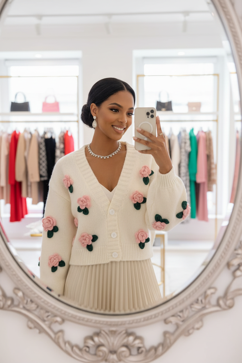 3D Rose Appliqué Cardigan in White with Pink Roses