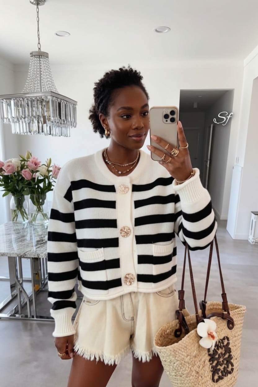 Gold Button Striped Cardigan in White and Black