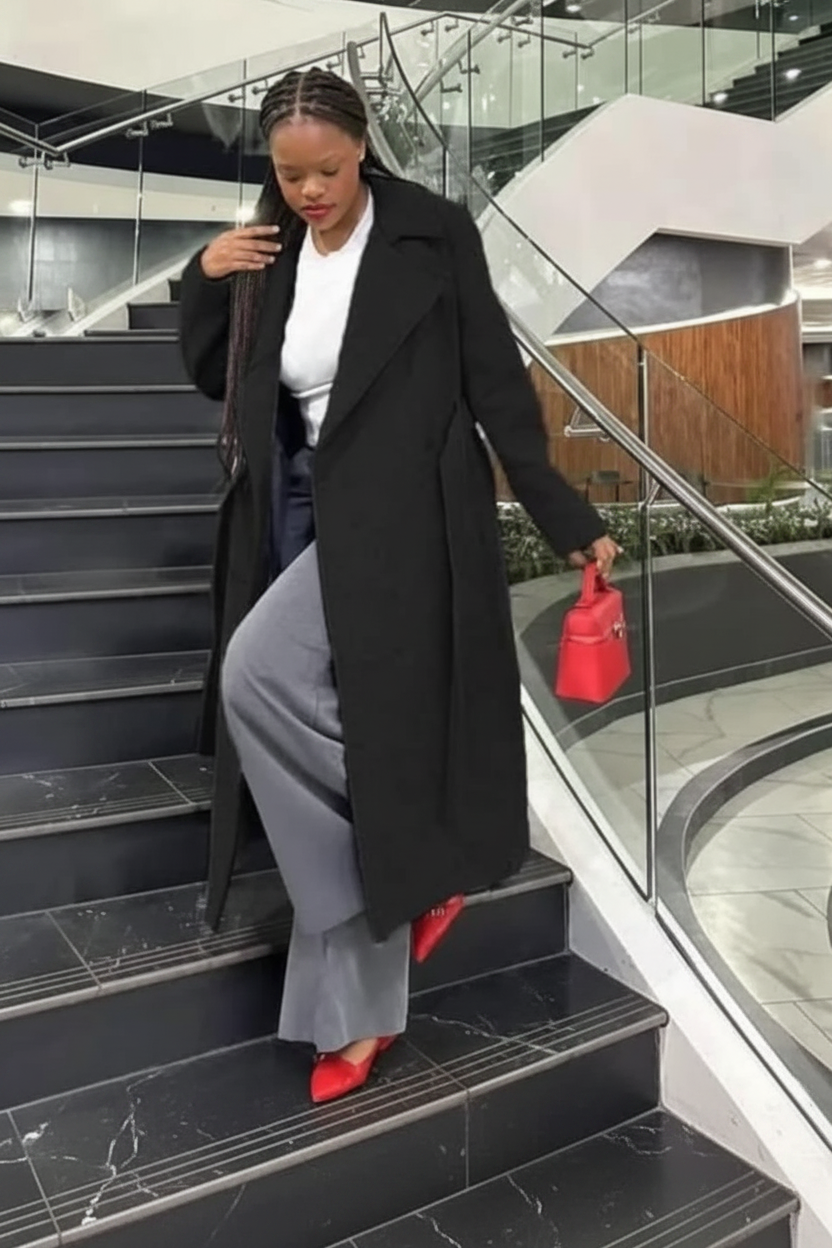Oversized Belted Trench Coat in Black