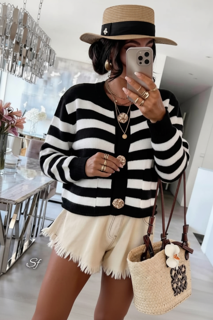 Gold Button Striped Cardigan in Black and White
