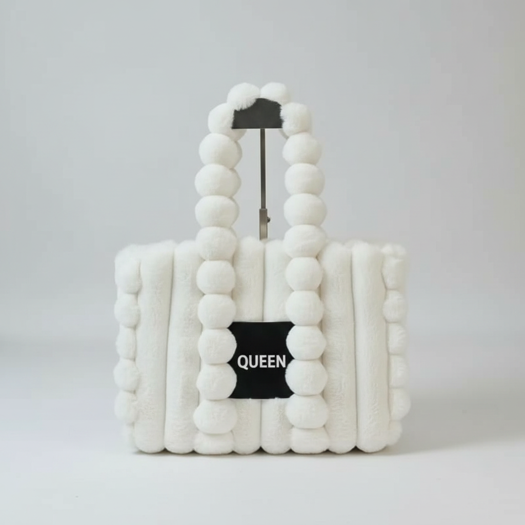 Queen Pom-Pom Faux Fur Tote Bag - White