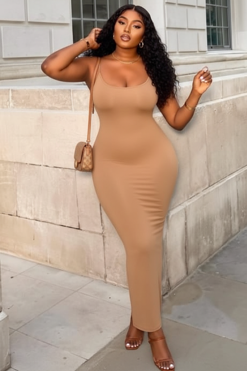 Scoop Neck Bodycon Maxi Dress in Camel/Mocha
