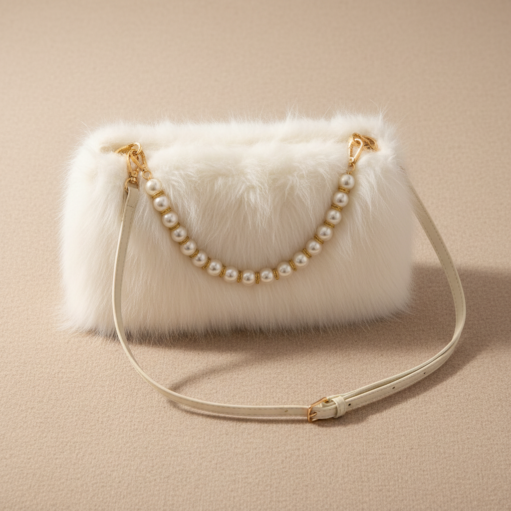 Fluffy Pearl Chain Shoulder Bag - White (display)