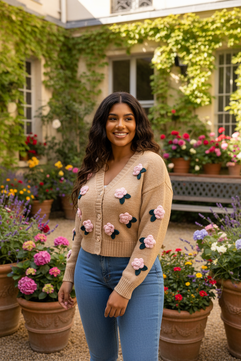 3D Rose Appliqué Cardigan in Beige with Pink Roses