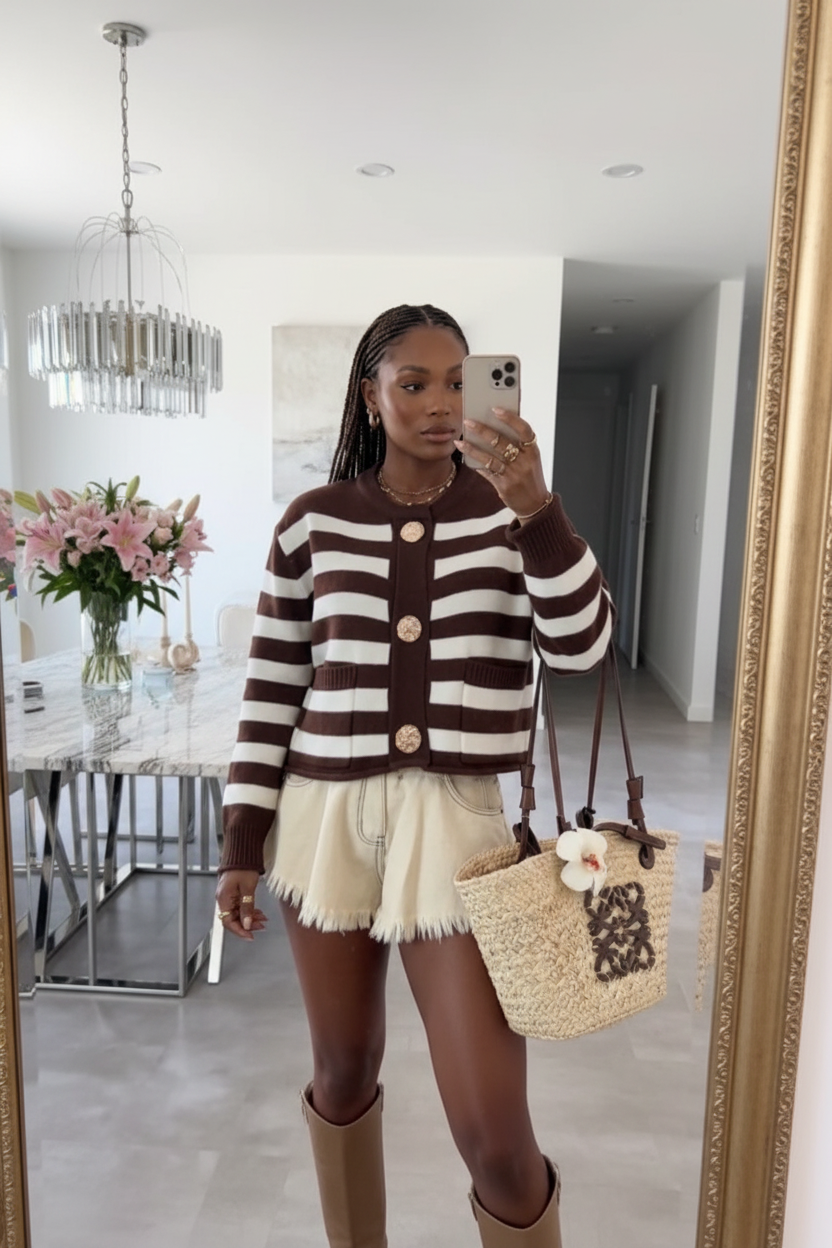 Gold Button Striped Cardigan in Chocolate Brown and White