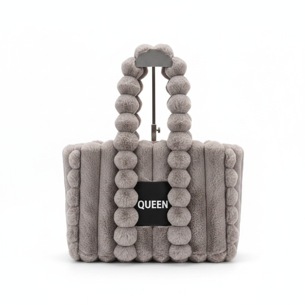 Queen Pom-Pom Faux Fur Tote Bag - Grey