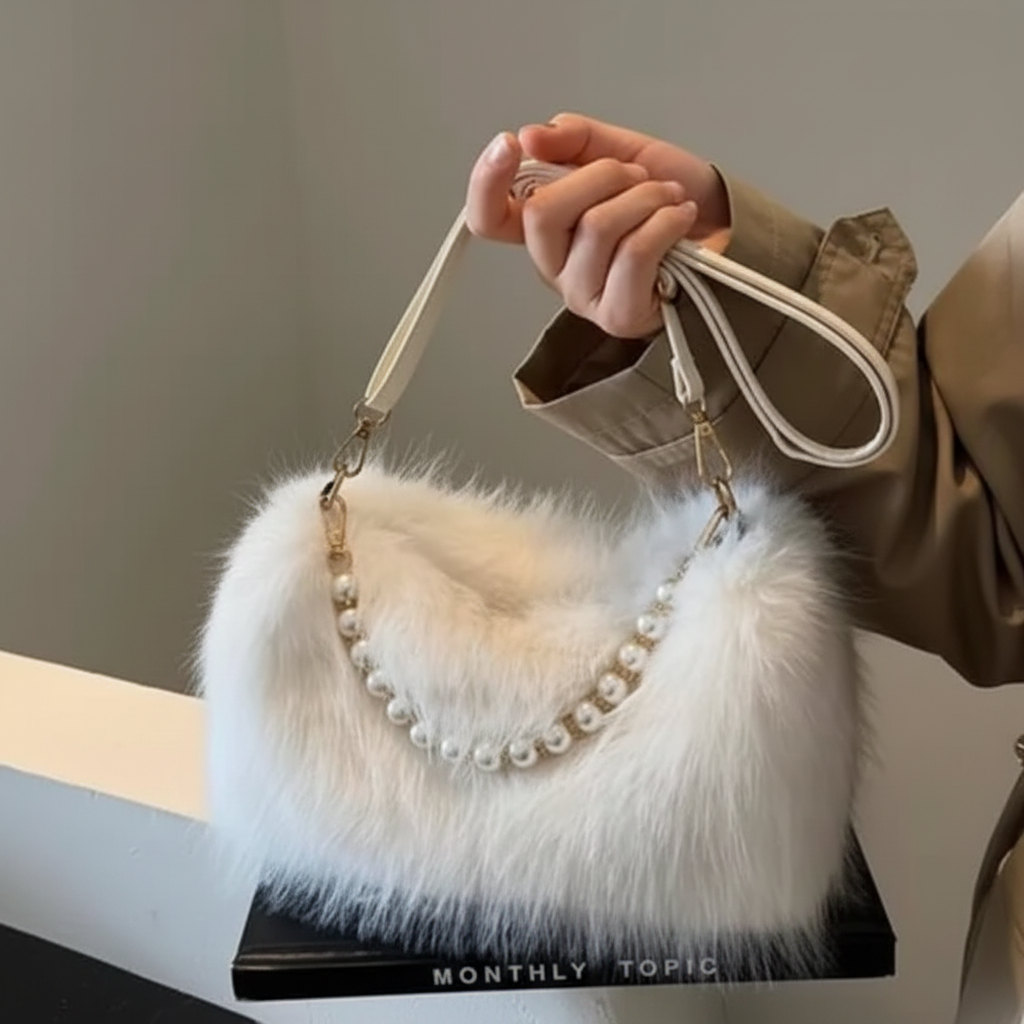 Fluffy Pearl Chain Shoulder Bag - White