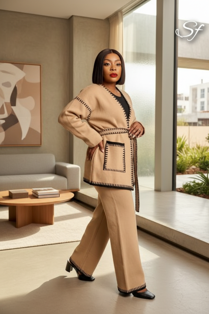 Crochet Trim Knit Co-ord Set - Camel