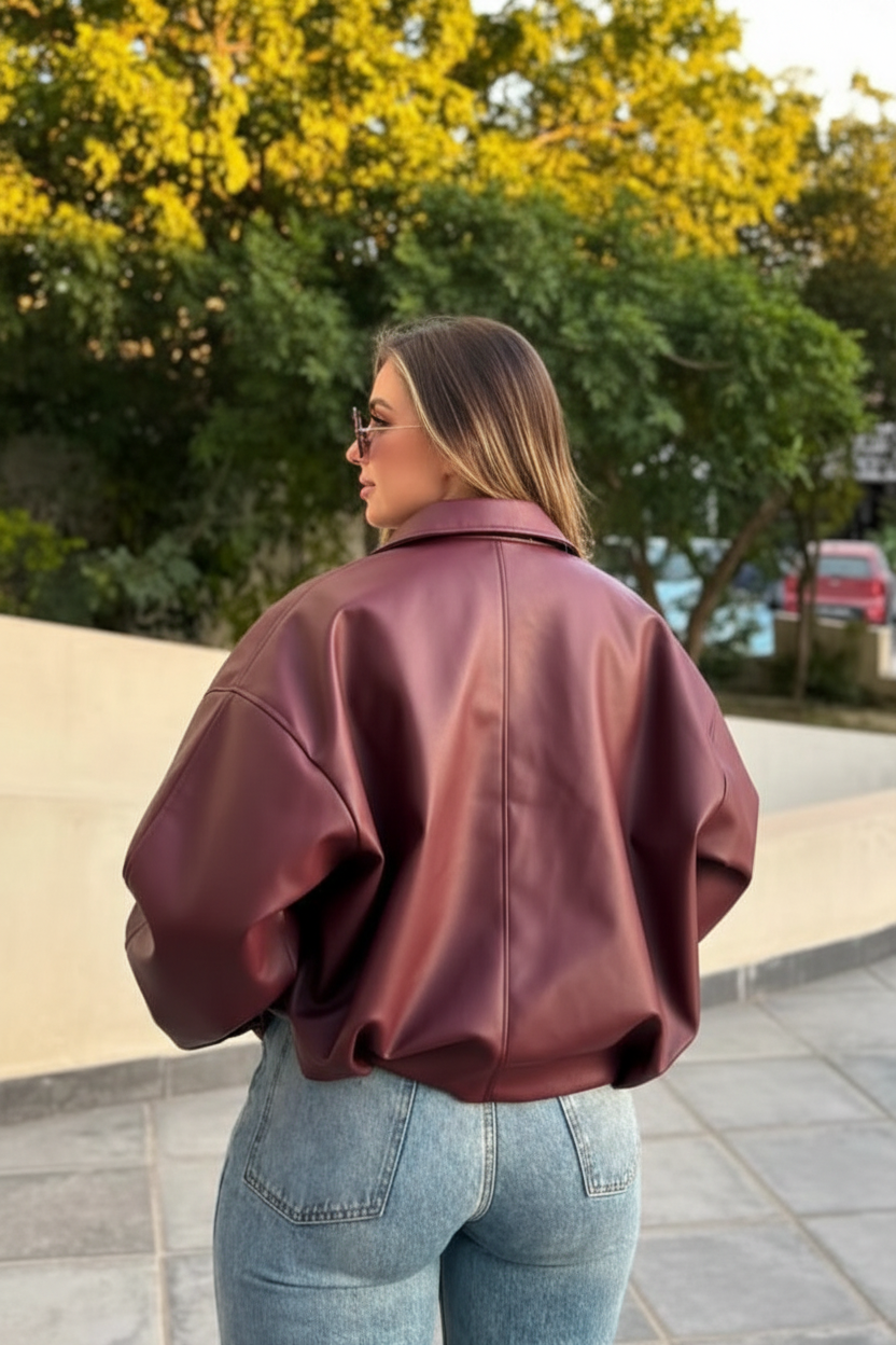 Oversized PU Leather Bomber Jacket in Burgundy - back view