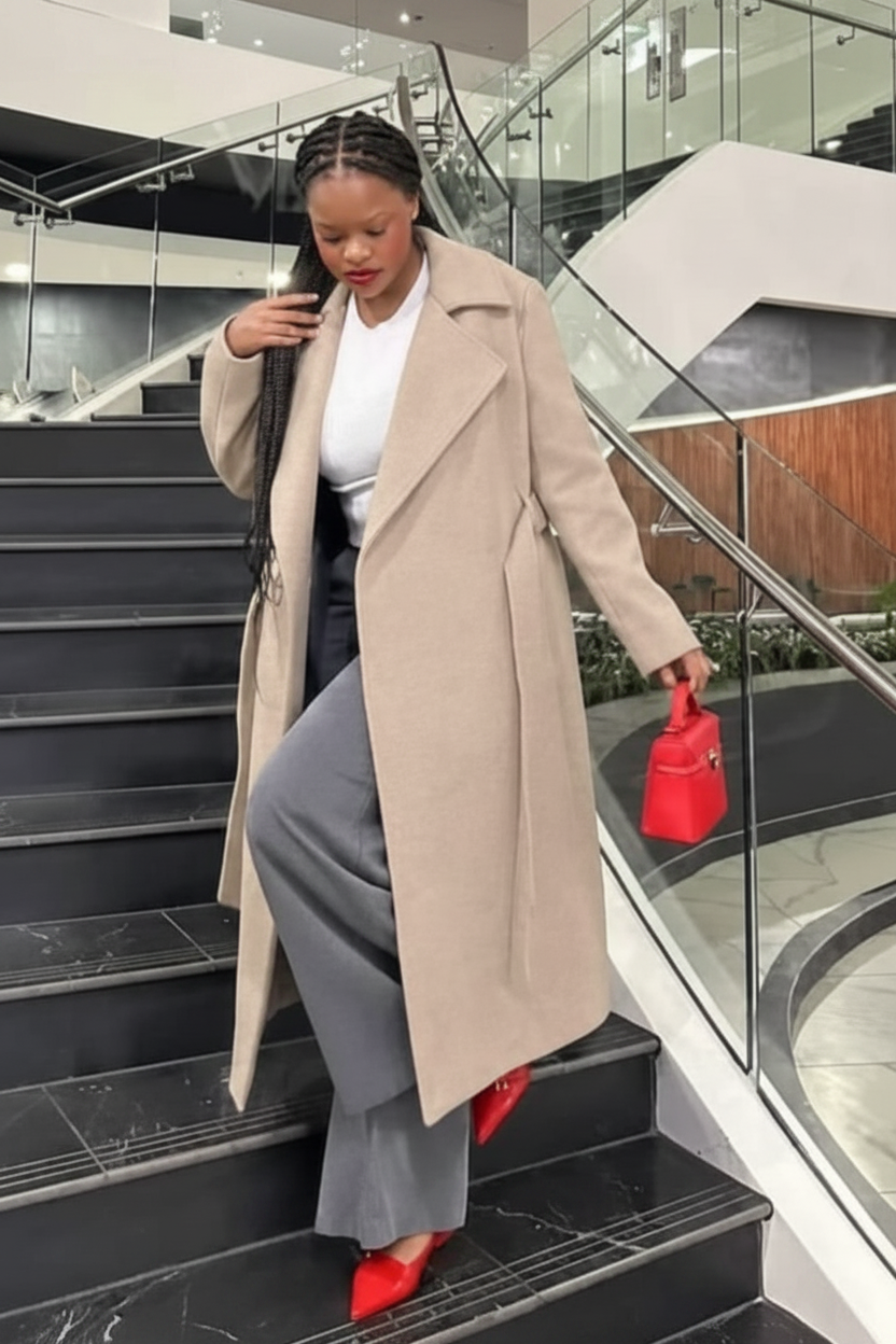 Oversized Belted Trench Coat in Beige/Camel