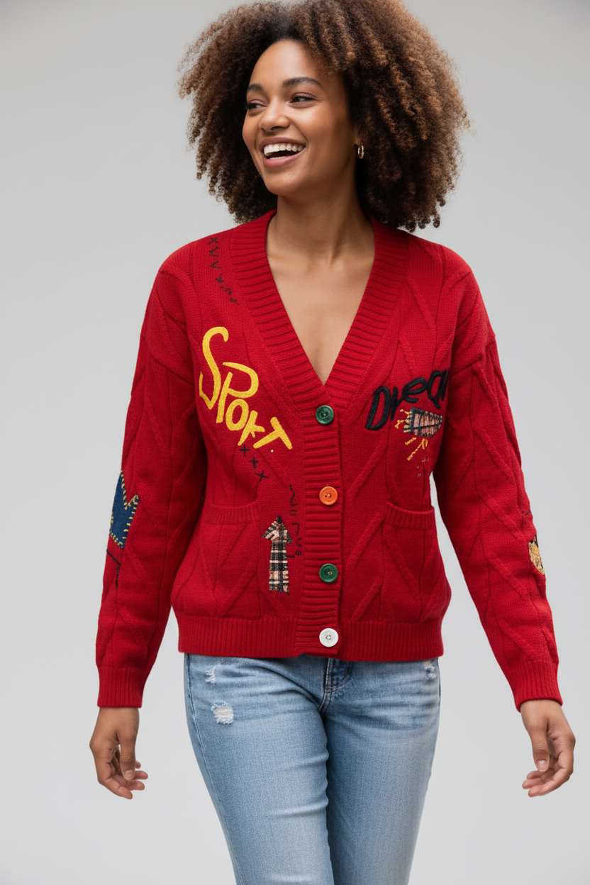 Sport & Dream Graffiti Cable Knit Cardigan in Red
