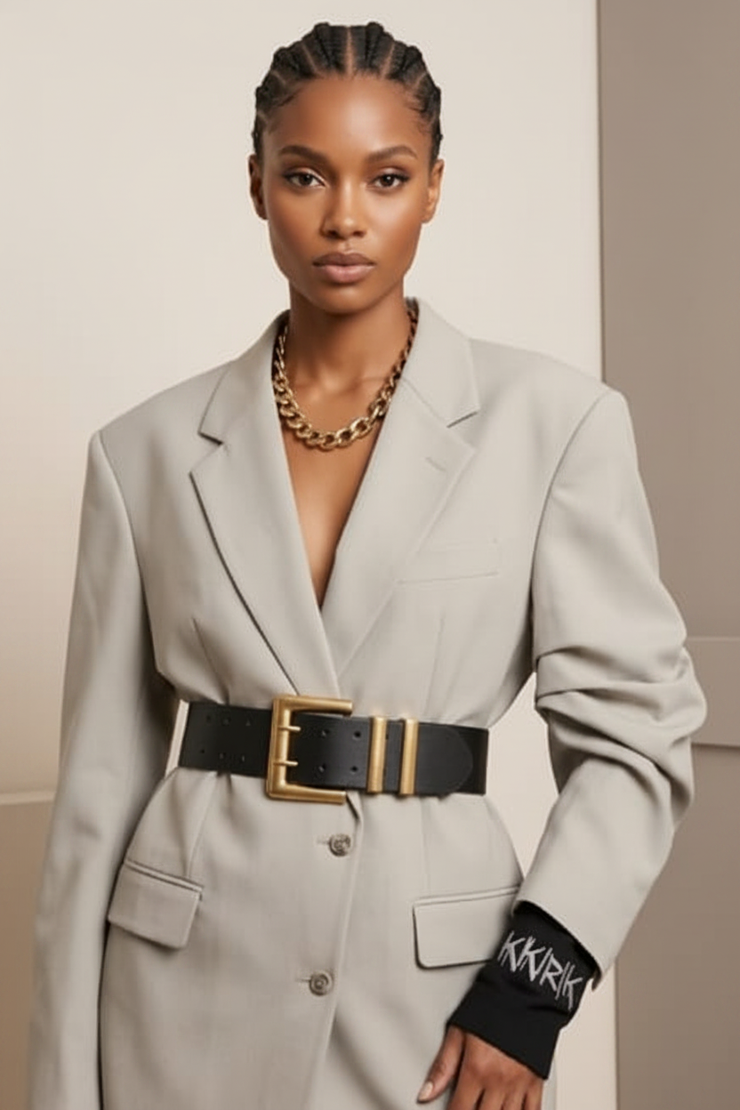 Wide Gold Buckle Leather Belt - Model Enhanced