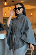 Cape Sleeve Belted Coat - Grey Enhanced