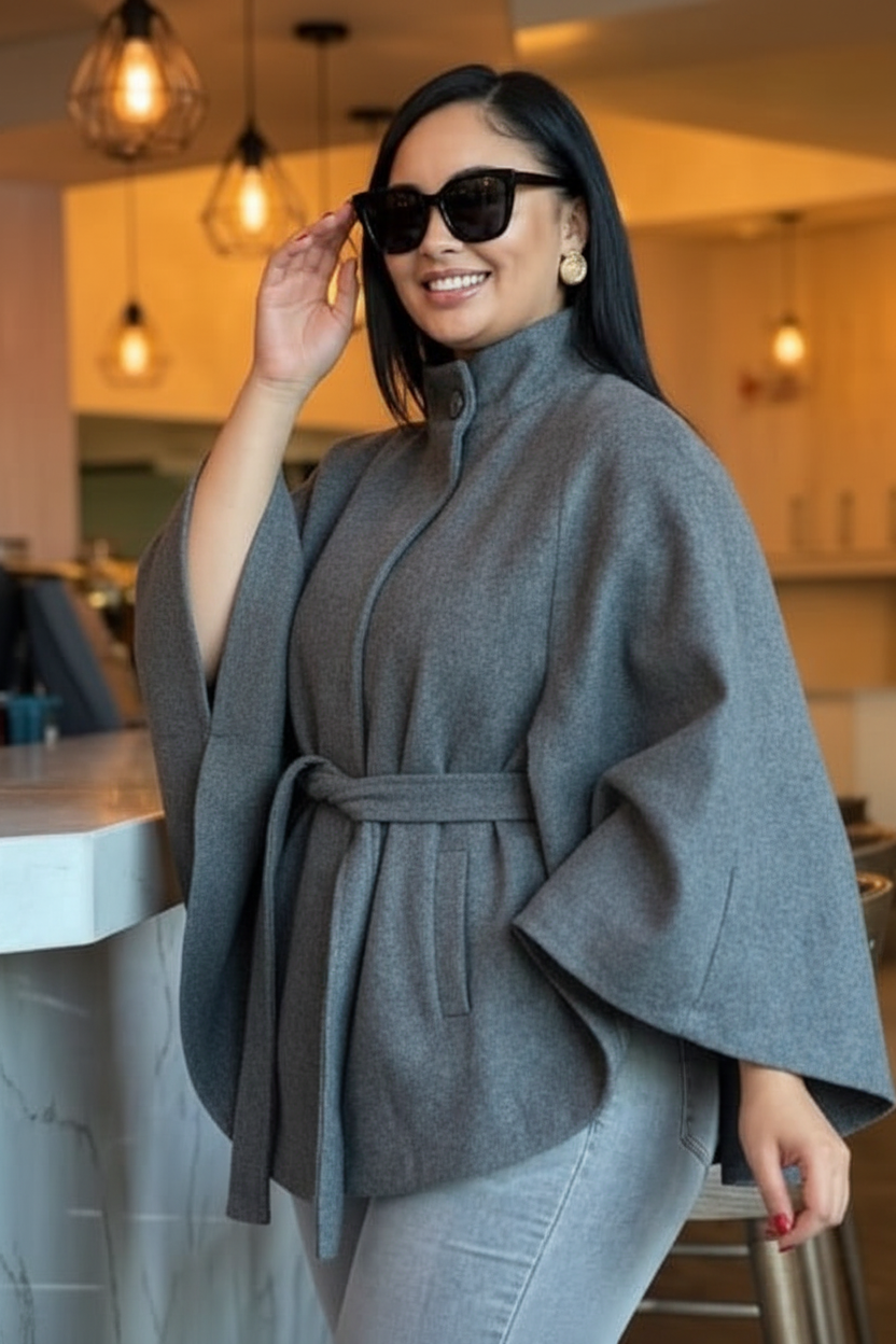 Cape Sleeve Belted Coat - Grey Enhanced