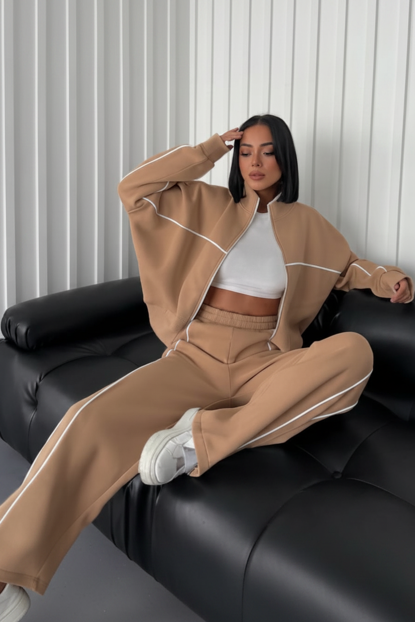 Contrast Piping Tracksuit Co-Ord Set in Camel/Mocha