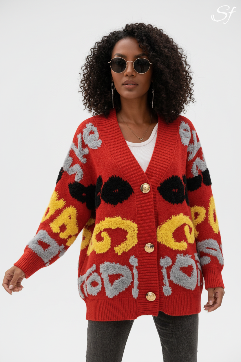 Textured Floral Knit Cardigan in Red