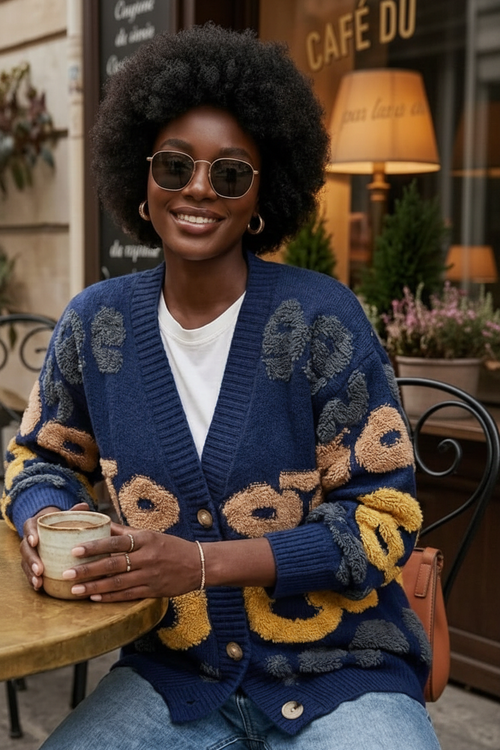 Bold Graphic Knit Cardigan in Navy Blue