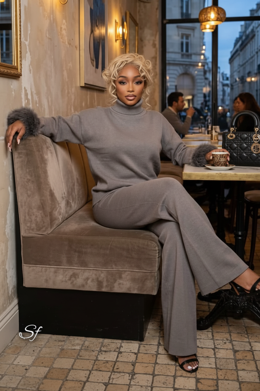 Faux Fur Cuff Turtleneck Co-ord Set in Grey