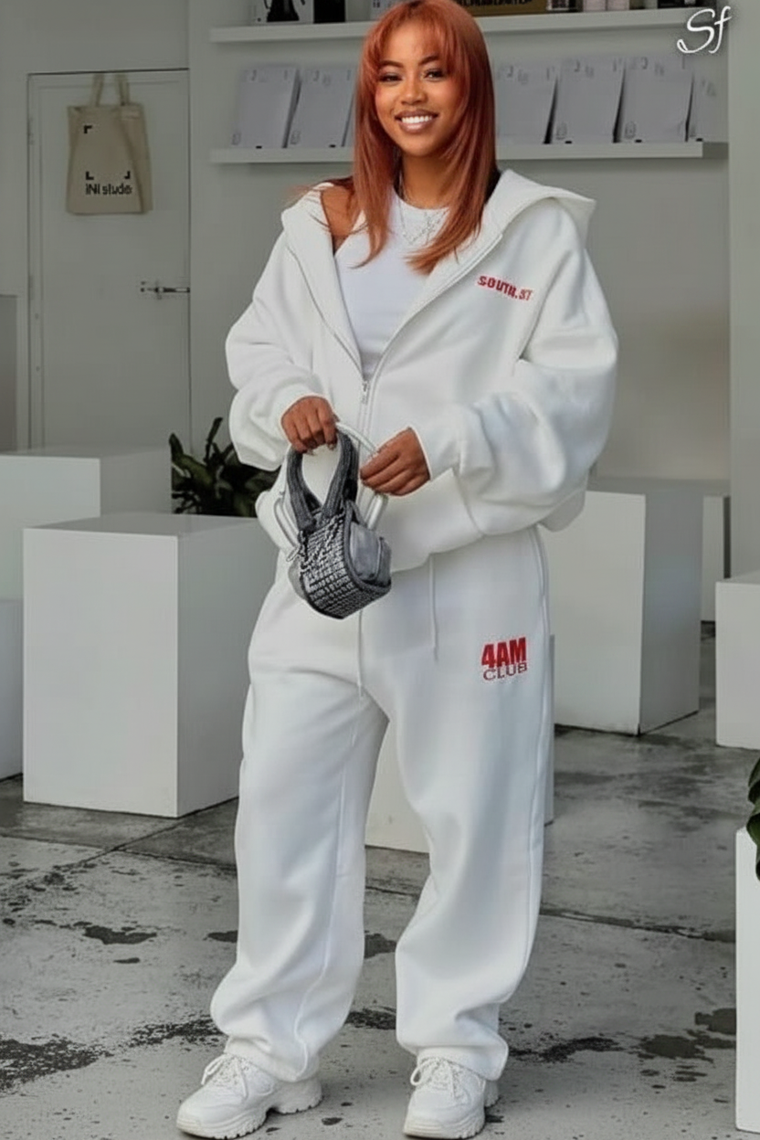 Oversized Graphic Hoodie Sweatsuit Co-Ord Set in White